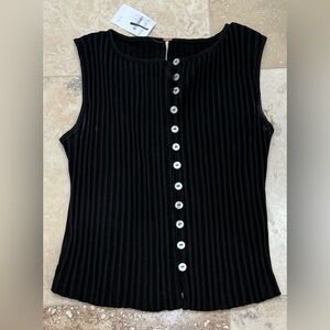 Free People Black Ribbed Sleeveless Button-Down Top